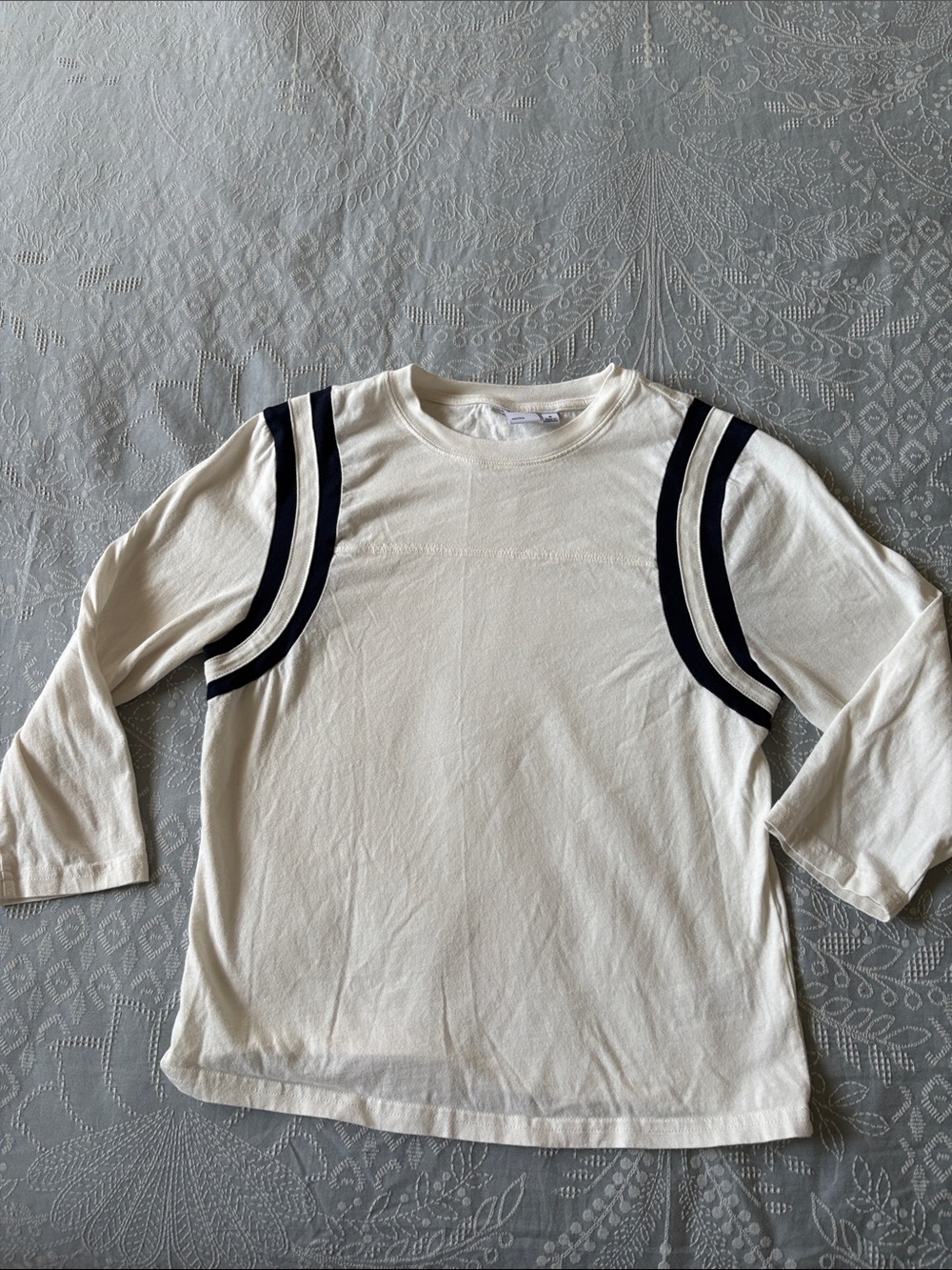 Aritzia Cream Long-Sleeve 3/4 Crew with Navy Shoulder Stripes